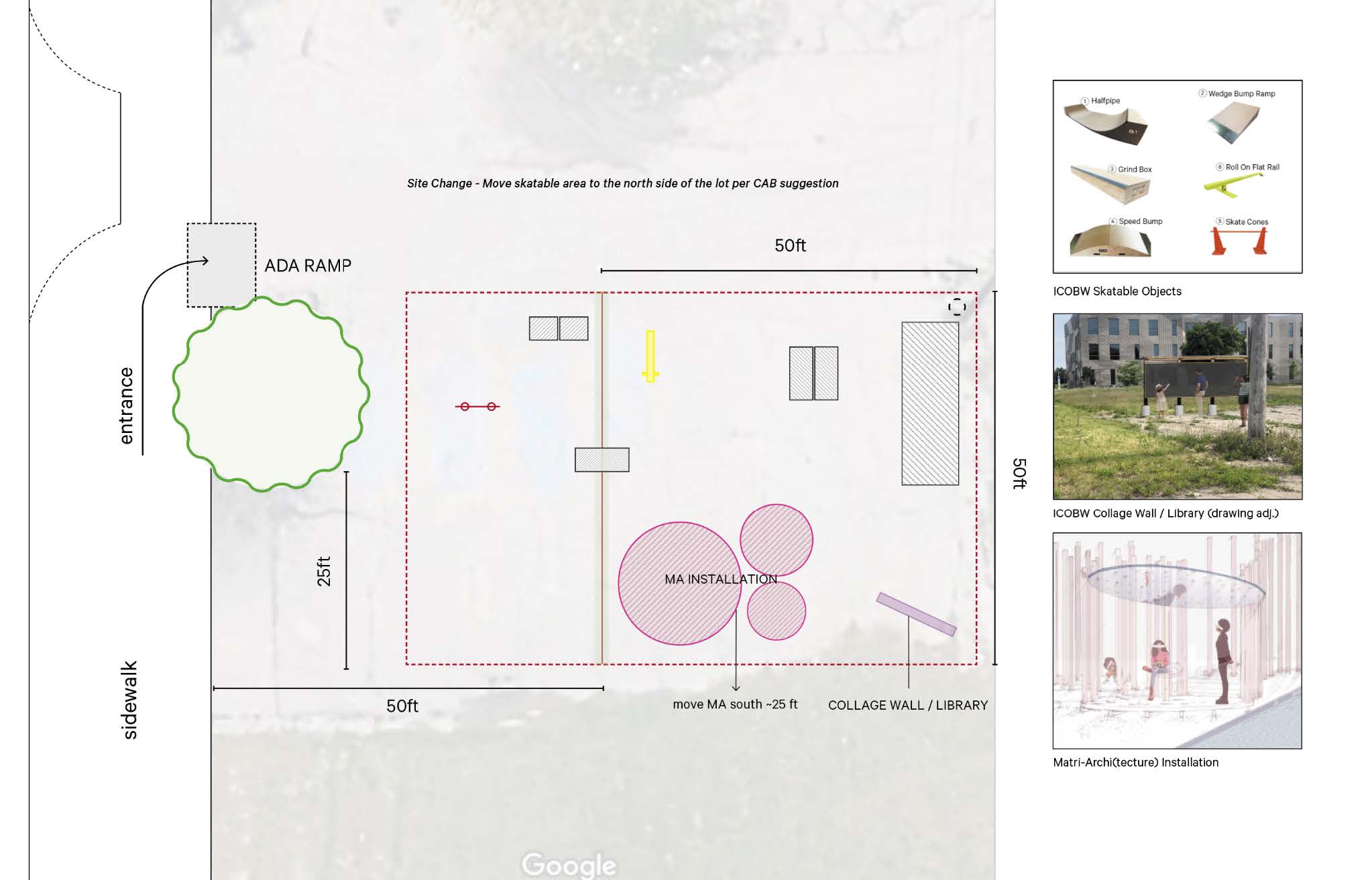 Figure 4. Image of Site plan with pre-fabricated items, collage wall, and the Matri-Archi(tecture) instillation