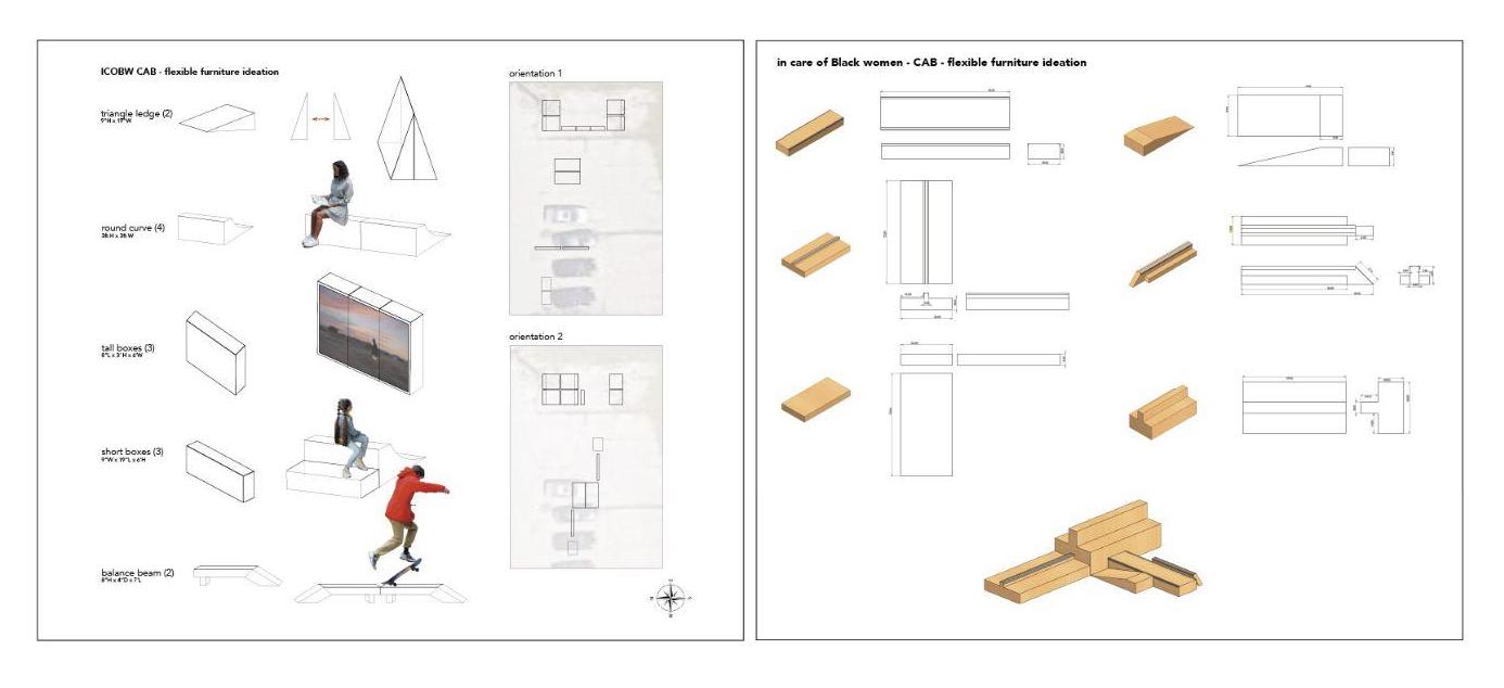 Figure 5. Image of Sketches and 3D models for the flexible furniture.